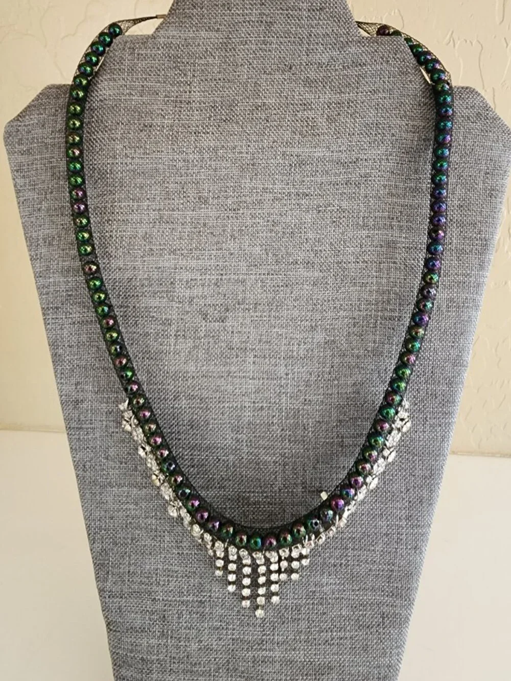 Rhinestone Cascade Fringe Black Iridescent Peacock Green Purple Bead Necklace